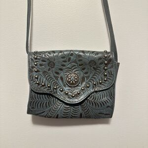 American West Turquoise Leather Tooled Studded Crossbody Purse Shoulder Bag Boho